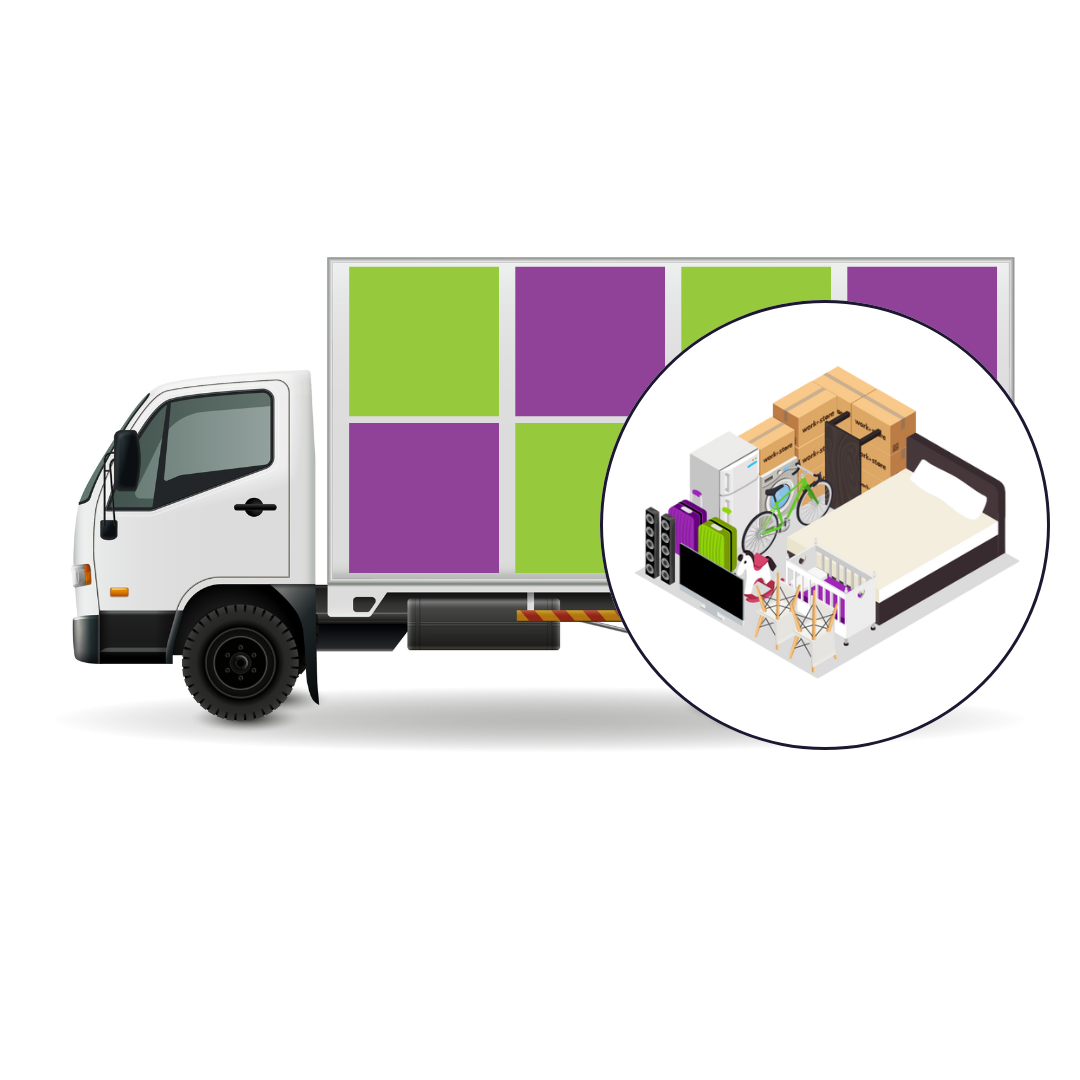 Commercial vehicle with graphics advertising relocation services.