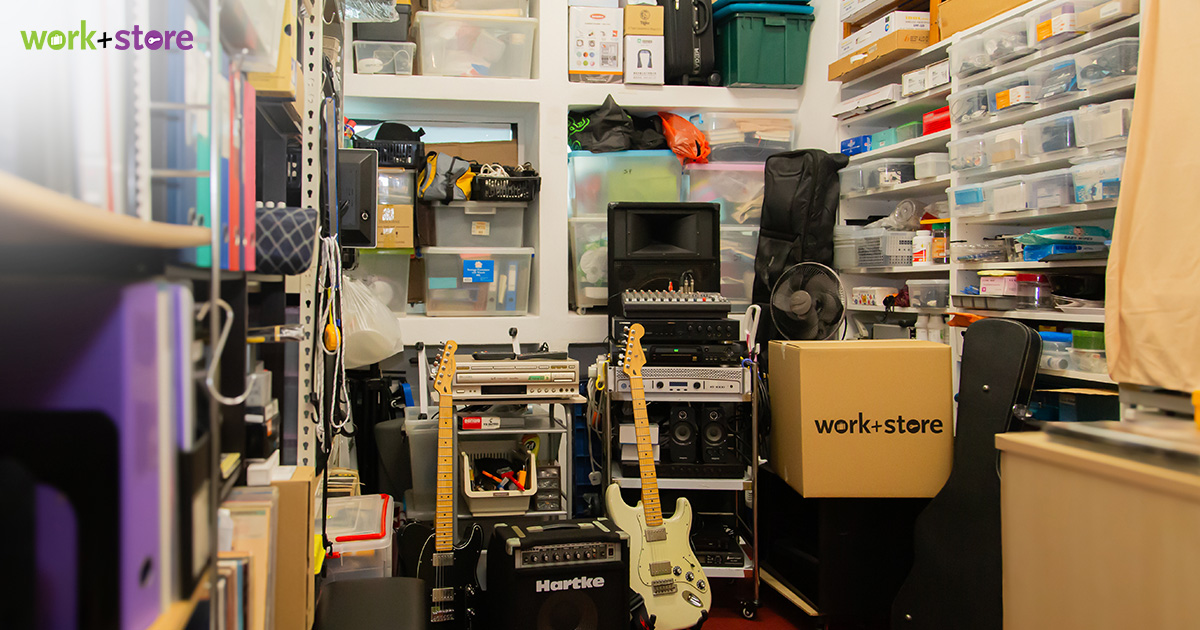 well-organised hobby gear and musical equipment in a self storage unit