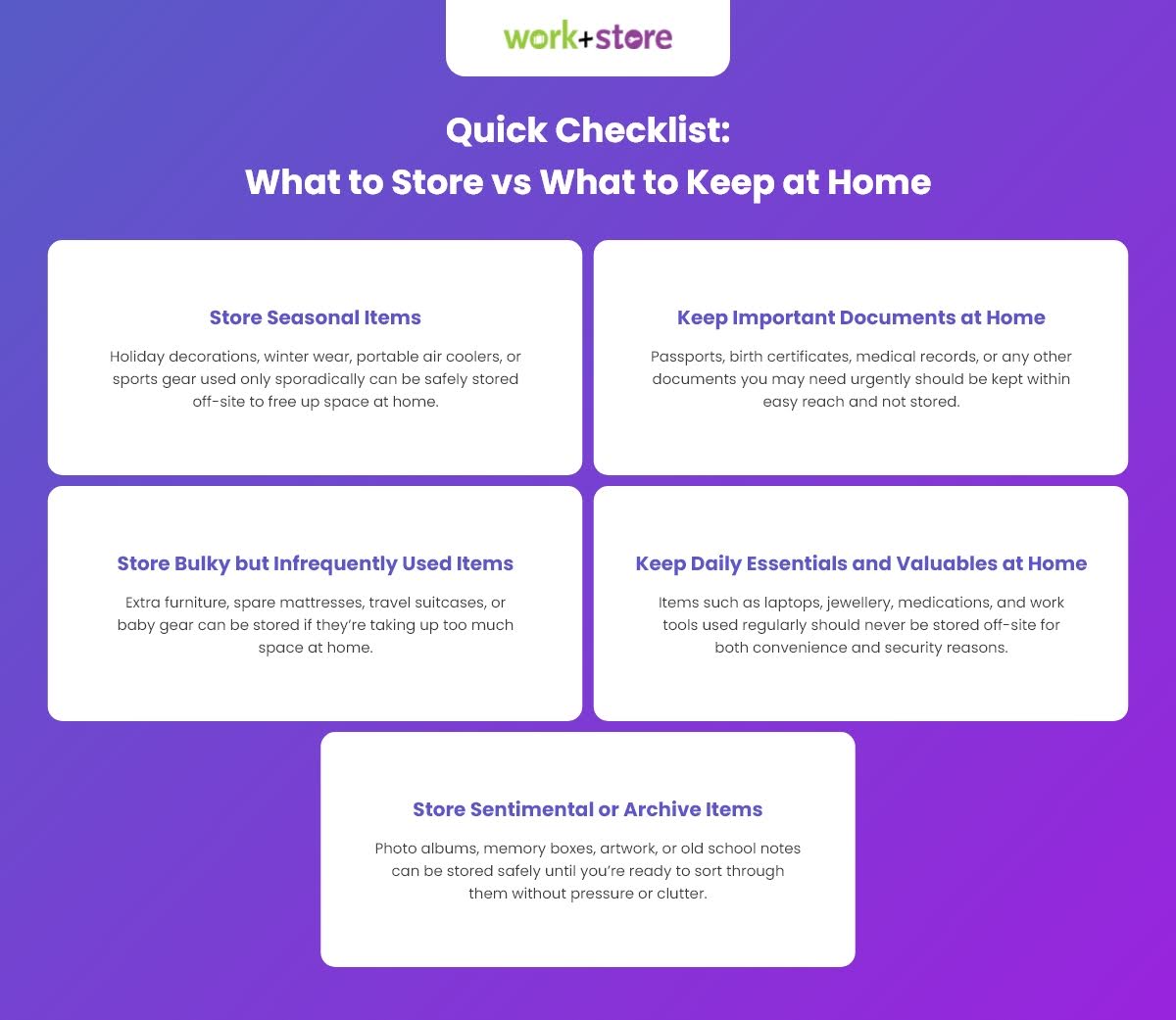 Checklist for what to store vs what to keep home