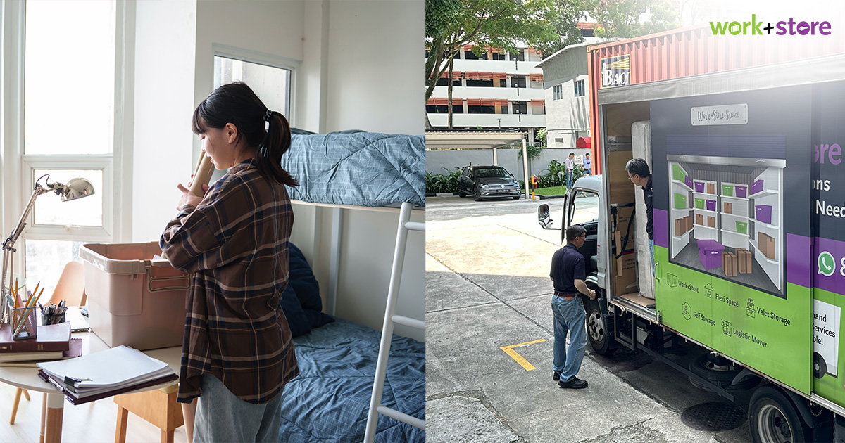 Student packing and movers loading a truck.