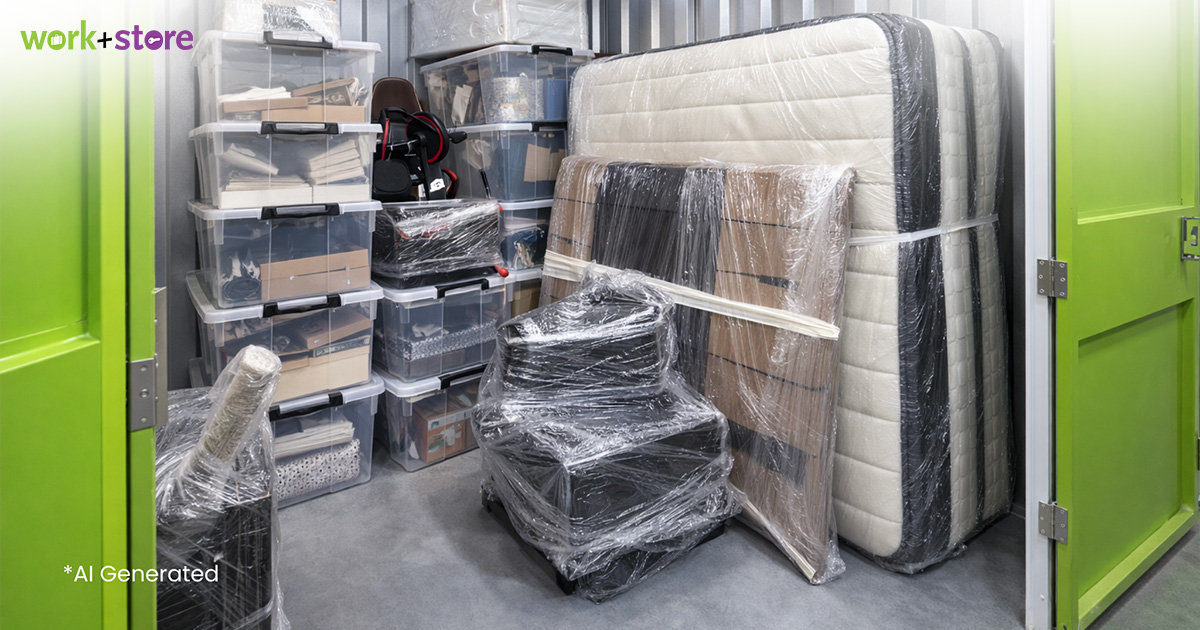 A secure storage unit at Work+Store filled with organized boxes