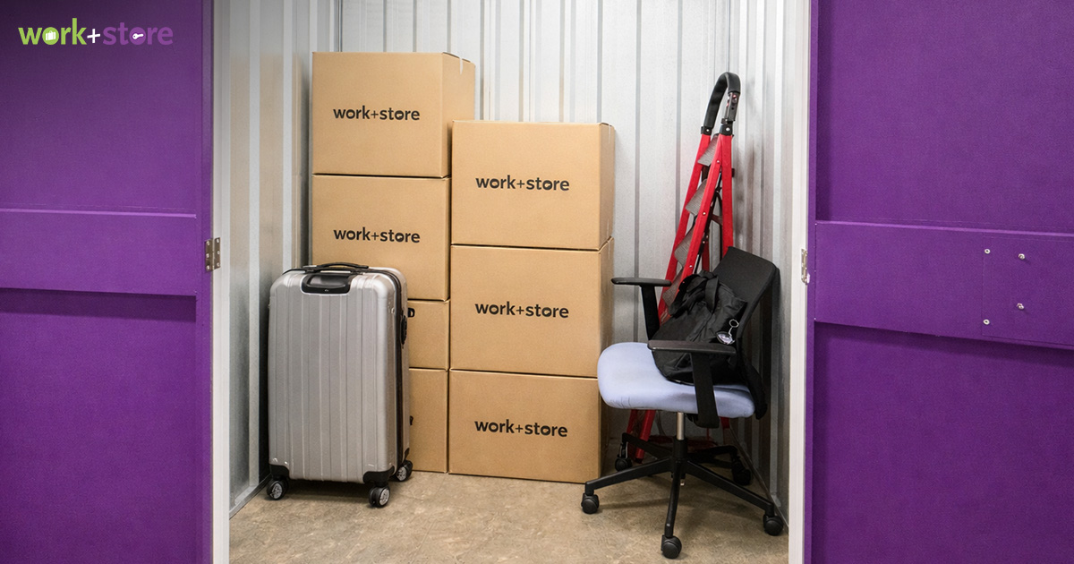 Storage unit containing boxes, luggage, and furniture for frequent travellers.