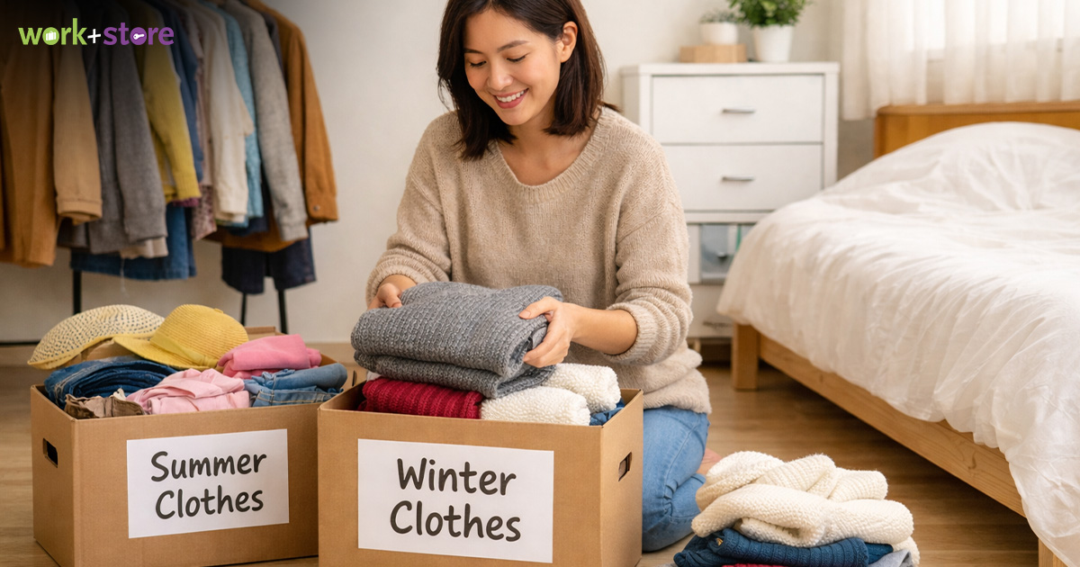 Woman organizing summer and winter clothes into storage boxes.