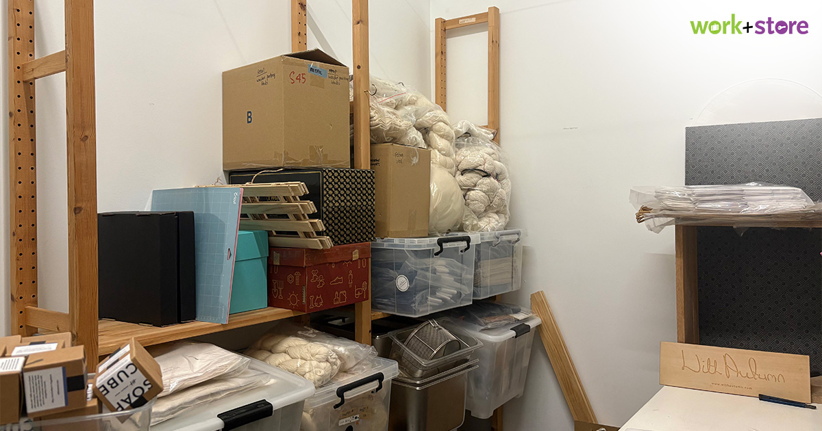 Organized storage room with shelves and boxes.