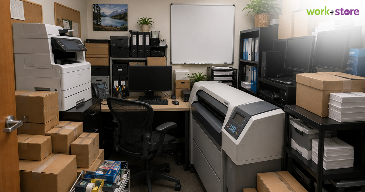 Compact office with printers and storage boxes.