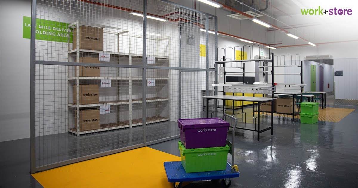 Workstore last mile delivery holding area with storage racks